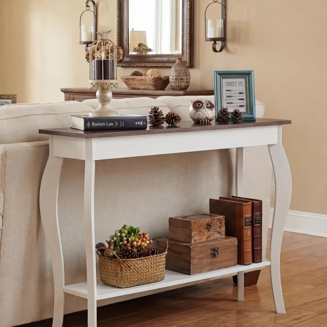 Alt view image 3 of 7 - 39" Narrow Farmhouse Entryway Table with Storage Shelf, Soft White | Console Table with Curved Legs, Chic Accent Sofa Table with Shelves for Entryway, Living Room, Hallway