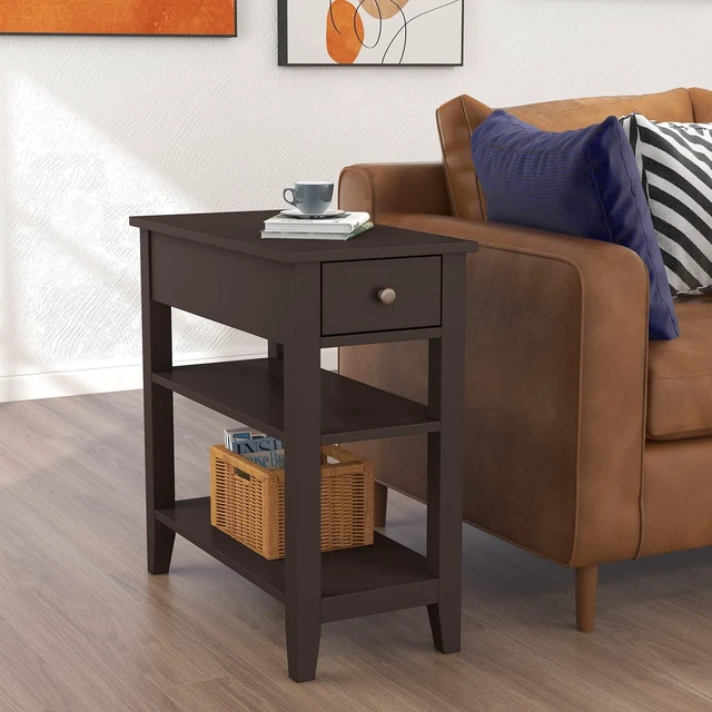 Main image of Side Table Living Room with Drawer and Shelf | Narrow End Table, 3-Tier Sofa End Table, Small Space, Espresso