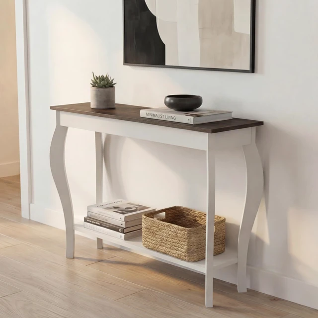 Alt view image 5 of 7 - 39" Narrow Farmhouse Entryway Table with Storage Shelf, Soft White | Console Table with Curved Legs, Chic Accent Sofa Table with Shelves for Entryway, Living Room, Hallway