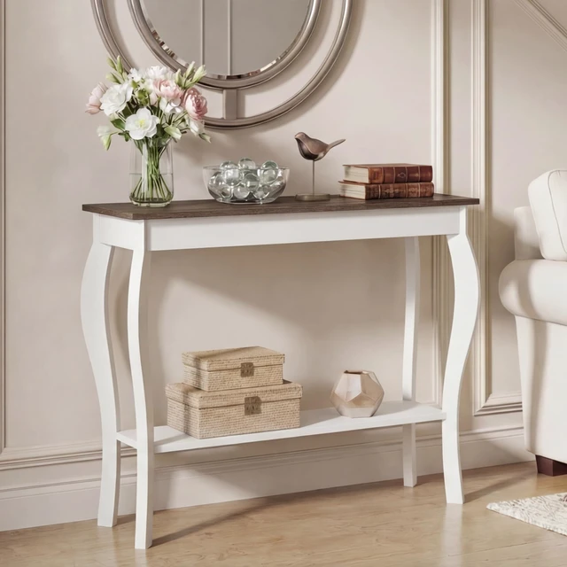Alt view image 4 of 7 - 39" Narrow Farmhouse Entryway Table with Storage Shelf, Soft White | Console Table with Curved Legs, Chic Accent Sofa Table with Shelves for Entryway, Living Room, Hallway