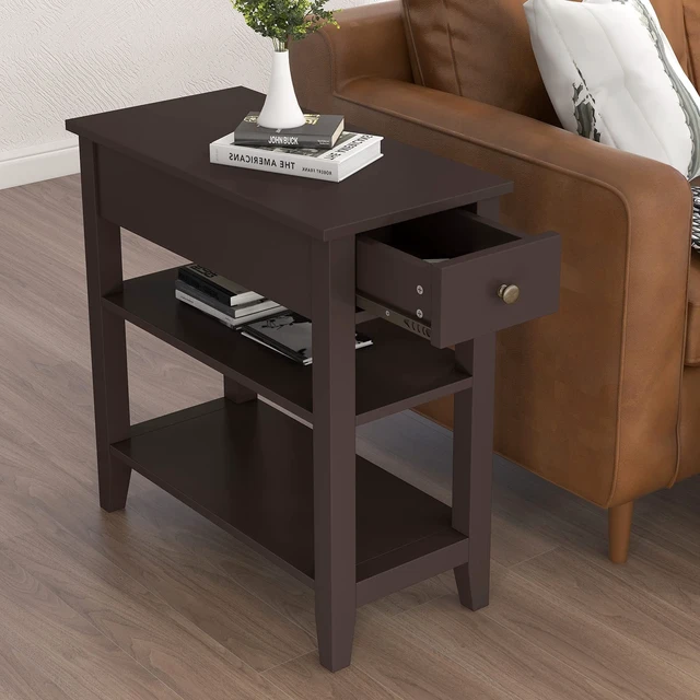 Alt view image 2 of 6 - Side Table Living Room with Drawer and Shelf | Narrow End Table, 3-Tier Sofa End Table, Small Space, Espresso