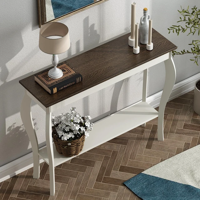 Alt view image 6 of 7 - 39" Narrow Farmhouse Entryway Table with Storage Shelf, Soft White | Console Table with Curved Legs, Chic Accent Sofa Table with Shelves for Entryway, Living Room, Hallway