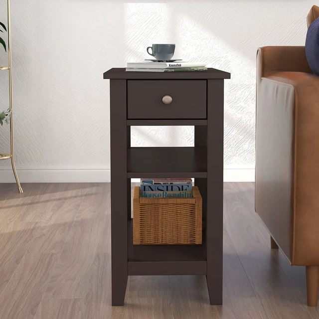 Alt view image 3 of 6 - Side Table Living Room with Drawer and Shelf | Narrow End Table, 3-Tier Sofa End Table, Small Space, Espresso