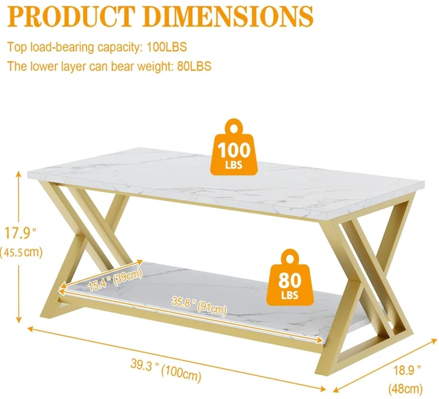 Alt view image 3 of 7 - Coffee Table 2-Tier Gold Tables for Living Room,Center Table with Storage | Modern Wooden Rectangular Table with Storage Shelf, Sturdy Gold Metal Frame,Living Room Tables for Home Office