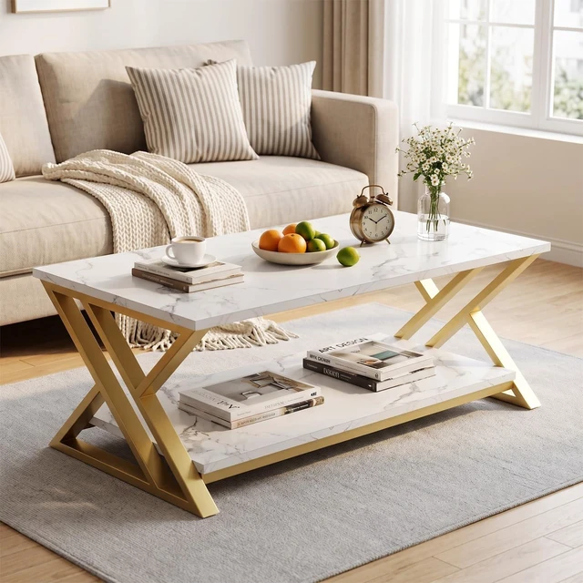 Alt view image 2 of 7 - Coffee Table 2-Tier Gold Tables for Living Room,Center Table with Storage | Modern Wooden Rectangular Table with Storage Shelf, Sturdy Gold Metal Frame,Living Room Tables for Home Office
