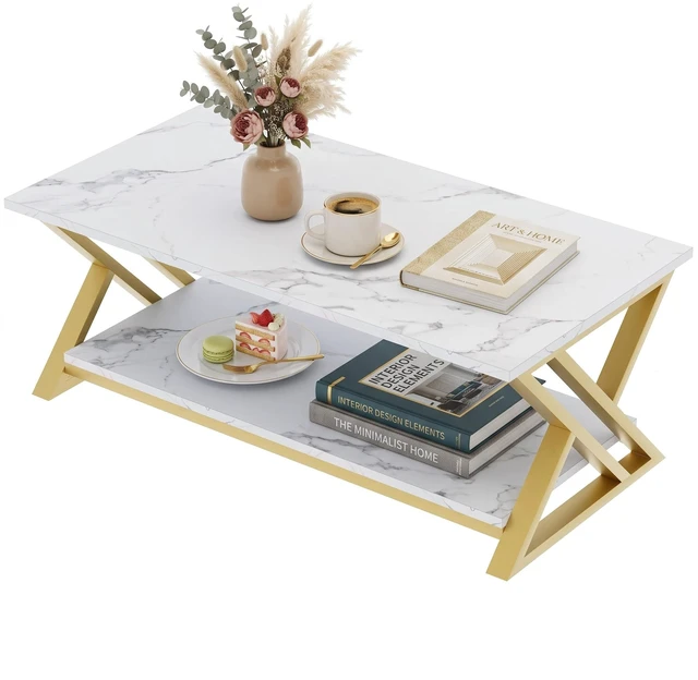 Main image of Coffee Table 2-Tier Gold Tables for Living Room,Center Table with Storage | Modern Wooden Rectangular Table with Storage Shelf, Sturdy Gold Metal Frame,Living Room Tables for Home Office
