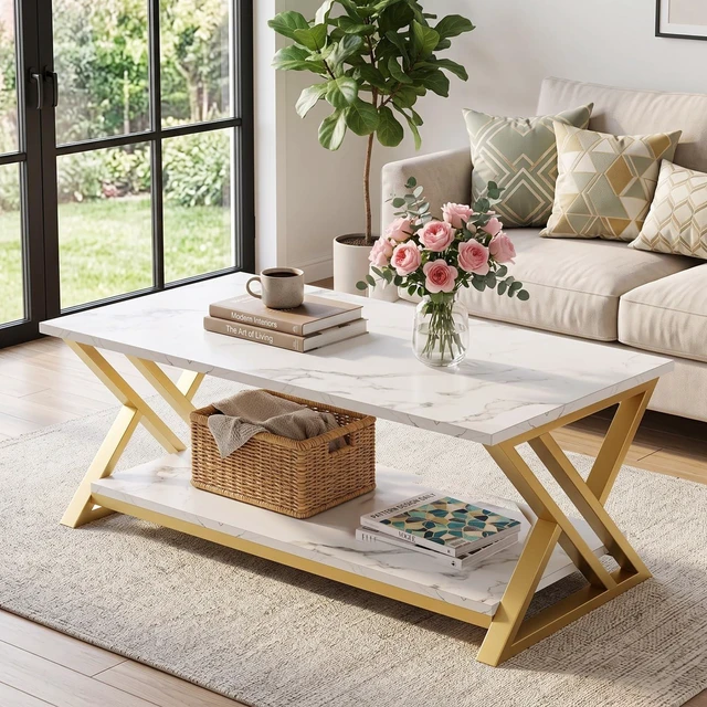 Alt view image 4 of 7 - Coffee Table 2-Tier Gold Tables for Living Room,Center Table with Storage | Modern Wooden Rectangular Table with Storage Shelf, Sturdy Gold Metal Frame,Living Room Tables for Home Office