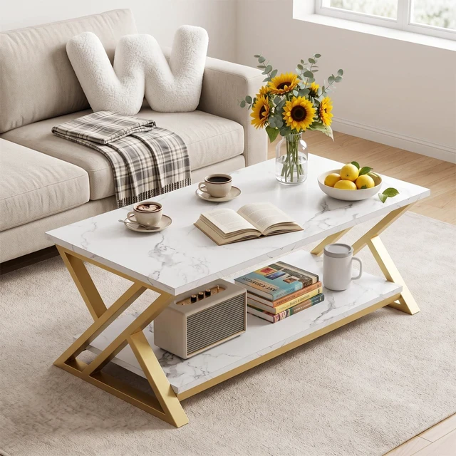 Alt view image 5 of 7 - Coffee Table 2-Tier Gold Tables for Living Room,Center Table with Storage | Modern Wooden Rectangular Table with Storage Shelf, Sturdy Gold Metal Frame,Living Room Tables for Home Office