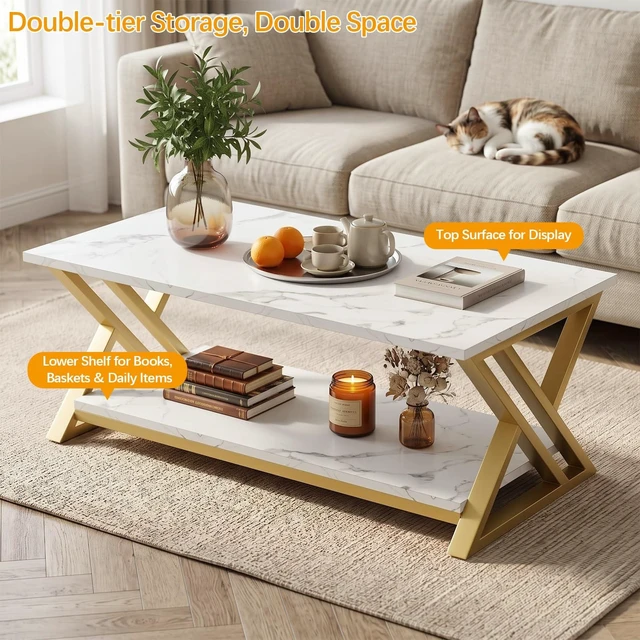 Alt view image 6 of 7 - Coffee Table 2-Tier Gold Tables for Living Room,Center Table with Storage | Modern Wooden Rectangular Table with Storage Shelf, Sturdy Gold Metal Frame,Living Room Tables for Home Office