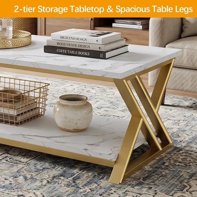 Alt view image 7 of 7 - Coffee Table 2-Tier Gold Tables for Living Room,Center Table with Storage | Modern Wooden Rectangular Table with Storage Shelf, Sturdy Gold Metal Frame,Living Room Tables for Home Office