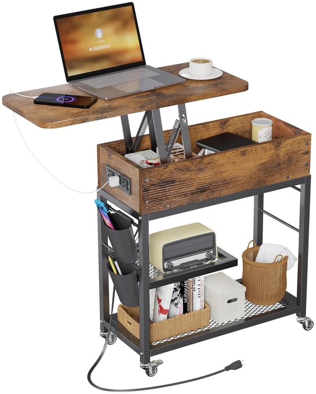 Main image of Lift Top End Table with Charging Station and Wheels (Rustic Wood) | Sofa Side Table with USB Port & AC Outlets, Movable Bedside Nightstand with Side Bag for Office Living Room Bedroom