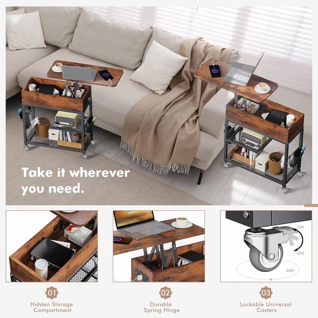 Alt view image 3 of 7 - Lift Top End Table with Charging Station and Wheels (Rustic Wood) | Sofa Side Table with USB Port & AC Outlets, Movable Bedside Nightstand with Side Bag for Office Living Room Bedroom