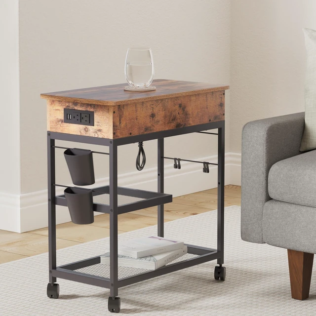 Alt view image 2 of 7 - Lift Top End Table with Charging Station and Wheels (Rustic Wood) | Sofa Side Table with USB Port & AC Outlets, Movable Bedside Nightstand with Side Bag for Office Living Room Bedroom