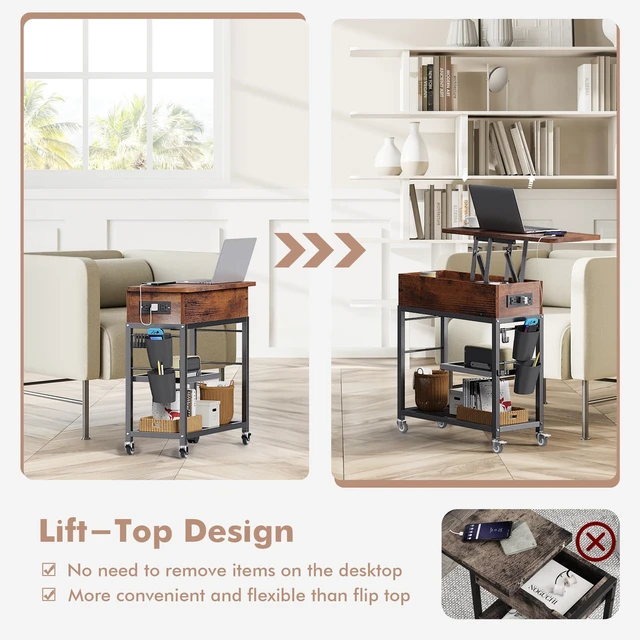 Alt view image 5 of 7 - Lift Top End Table with Charging Station and Wheels (Rustic Wood) | Sofa Side Table with USB Port & AC Outlets, Movable Bedside Nightstand with Side Bag for Office Living Room Bedroom