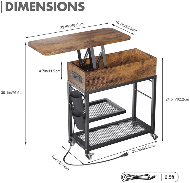 Alt view image 6 of 7 - Lift Top End Table with Charging Station and Wheels (Rustic Wood) | Sofa Side Table with USB Port & AC Outlets, Movable Bedside Nightstand with Side Bag for Office Living Room Bedroom