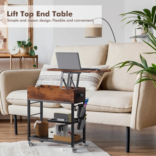 Alt view image 7 of 7 - Lift Top End Table with Charging Station and Wheels (Rustic Wood) | Sofa Side Table with USB Port & AC Outlets, Movable Bedside Nightstand with Side Bag for Office Living Room Bedroom