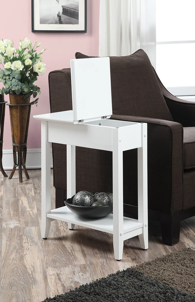 Alt view image 4 of 6 - American Heritage Flip Top End Table 23.25" - Classic Narrow Chairside Accent with Hidden Storage & Lower Shelf for Traditional, Modern Living Room, White
