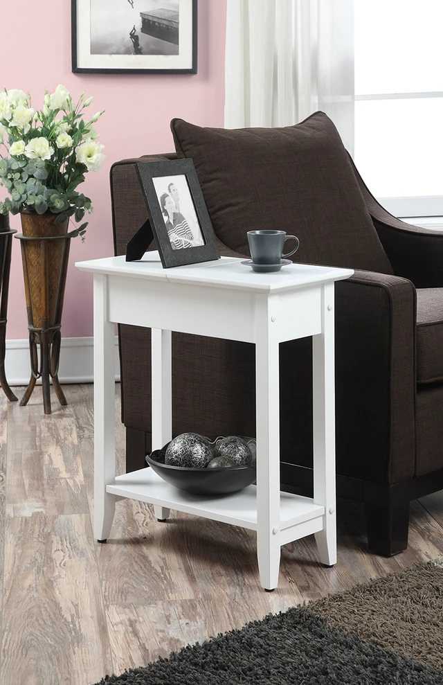 Alt view image 2 of 6 - American Heritage Flip Top End Table 23.25" - Classic Narrow Chairside Accent with Hidden Storage & Lower Shelf for Traditional, Modern Living Room, White
