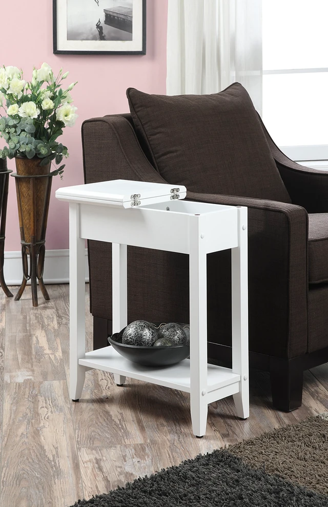 Alt view image 5 of 6 - American Heritage Flip Top End Table 23.25" - Classic Narrow Chairside Accent with Hidden Storage & Lower Shelf for Traditional, Modern Living Room, White