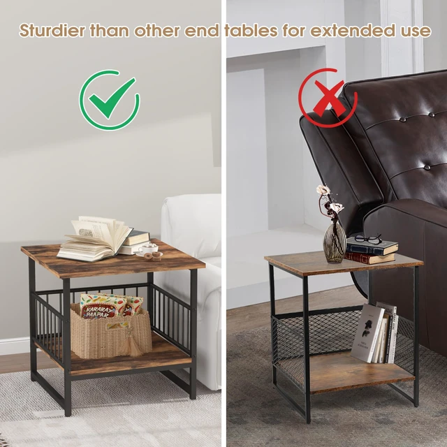Alt view image 2 of 7 - End Table, Industrial Side Table with 2-Tire Storage Shelf, 180LBS Mini Fridge Stand with Adjustable Feet, 24"x24" Wood Night Stand Small Bedside Table for Living Room Bedroom, Brown