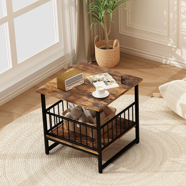 Alt view image 7 of 7 - End Table, Industrial Side Table with 2-Tire Storage Shelf, 180LBS Mini Fridge Stand with Adjustable Feet, 24"x24" Wood Night Stand Small Bedside Table for Living Room Bedroom, Brown