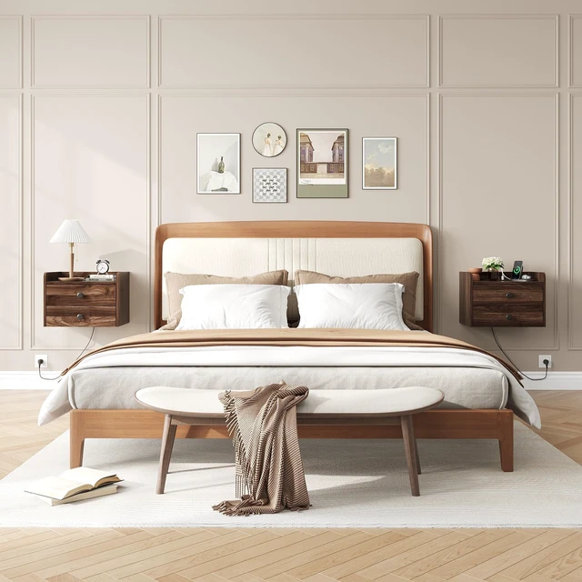 Alt view image 3 of 7 - Floating Nightstand Set of 2 with 2 Storage Drawers and Charging Station | Wood Wall Mounted Bedside End Table Modern Night Stands Set 2 for Bedroom,Small Space,Brown Walnut