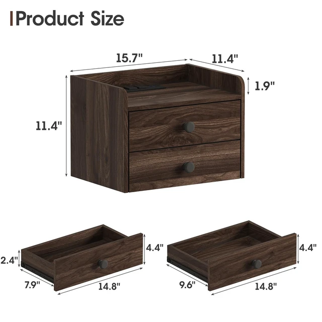 Alt view image 2 of 7 - Floating Nightstand Set of 2 with 2 Storage Drawers and Charging Station | Wood Wall Mounted Bedside End Table Modern Night Stands Set 2 for Bedroom,Small Space,Brown Walnut