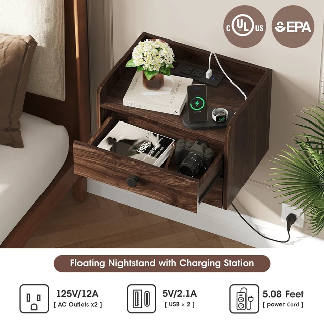 Alt view image 4 of 7 - Floating Nightstand Set of 2 with 2 Storage Drawers and Charging Station | Wood Wall Mounted Bedside End Table Modern Night Stands Set 2 for Bedroom,Small Space,Brown Walnut