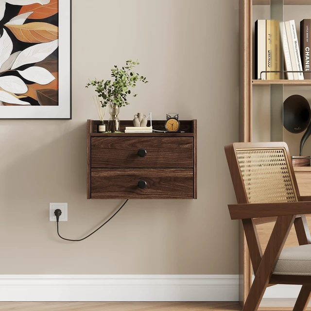 Alt view image 6 of 7 - Floating Nightstand Set of 2 with 2 Storage Drawers and Charging Station | Wood Wall Mounted Bedside End Table Modern Night Stands Set 2 for Bedroom,Small Space,Brown Walnut