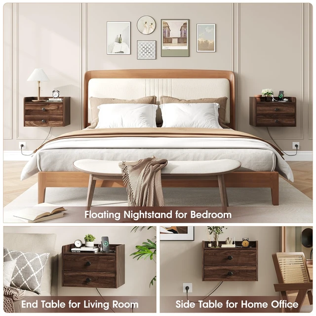 Alt view image 7 of 7 - Floating Nightstand Set of 2 with 2 Storage Drawers and Charging Station | Wood Wall Mounted Bedside End Table Modern Night Stands Set 2 for Bedroom,Small Space,Brown Walnut