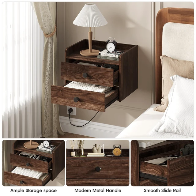 Alt view image 5 of 7 - Floating Nightstand Set of 2 with 2 Storage Drawers and Charging Station | Wood Wall Mounted Bedside End Table Modern Night Stands Set 2 for Bedroom,Small Space,Brown Walnut