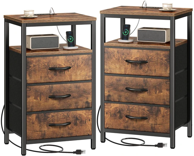 Main image of Nightstands Set of 2, Nightstand with Charging Station,Bedside Table | 27.6 Inch Side Table Night Stand with Outlets, End Table with Fabric Drawers, Night Stand for Bedroom, Rustic Brown