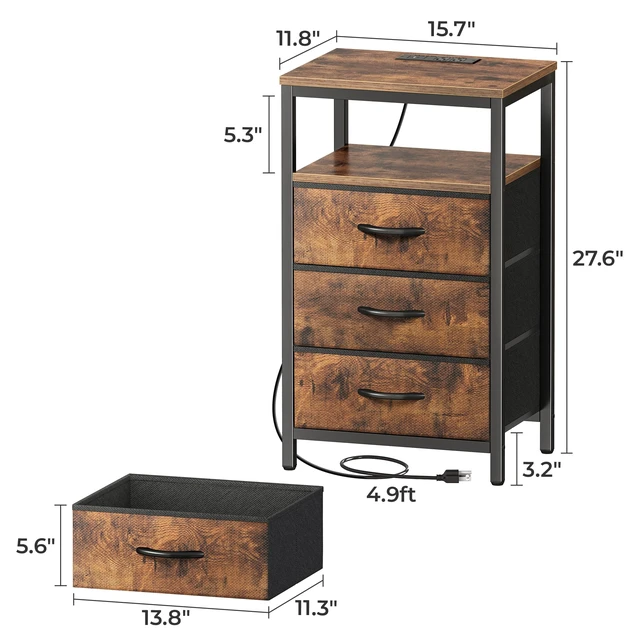 Alt view image 7 of 7 - Nightstands Set of 2, Nightstand with Charging Station,Bedside Table | 27.6 Inch Side Table Night Stand with Outlets, End Table with Fabric Drawers, Night Stand for Bedroom, Rustic Brown