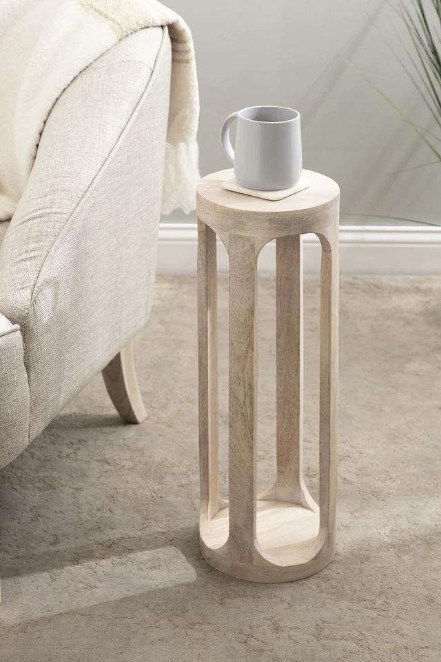 Alt view image 3 of 7 - Dahl Coastal Wooden Round Drink Table; 8 x 23; Whitewash; Boho Circle Wood Accent Pedestal Table for Living Room Plant Stand or Small Bedroom Nightstand