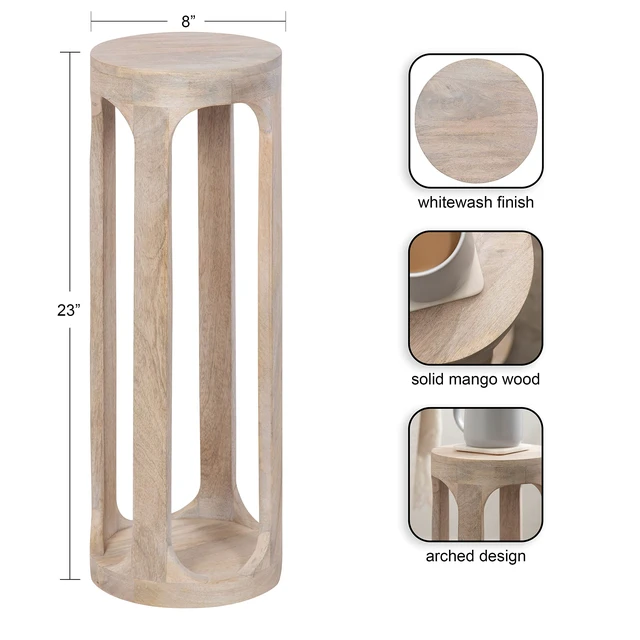 Alt view image 2 of 7 - Dahl Coastal Wooden Round Drink Table; 8 x 23; Whitewash; Boho Circle Wood Accent Pedestal Table for Living Room Plant Stand or Small Bedroom Nightstand