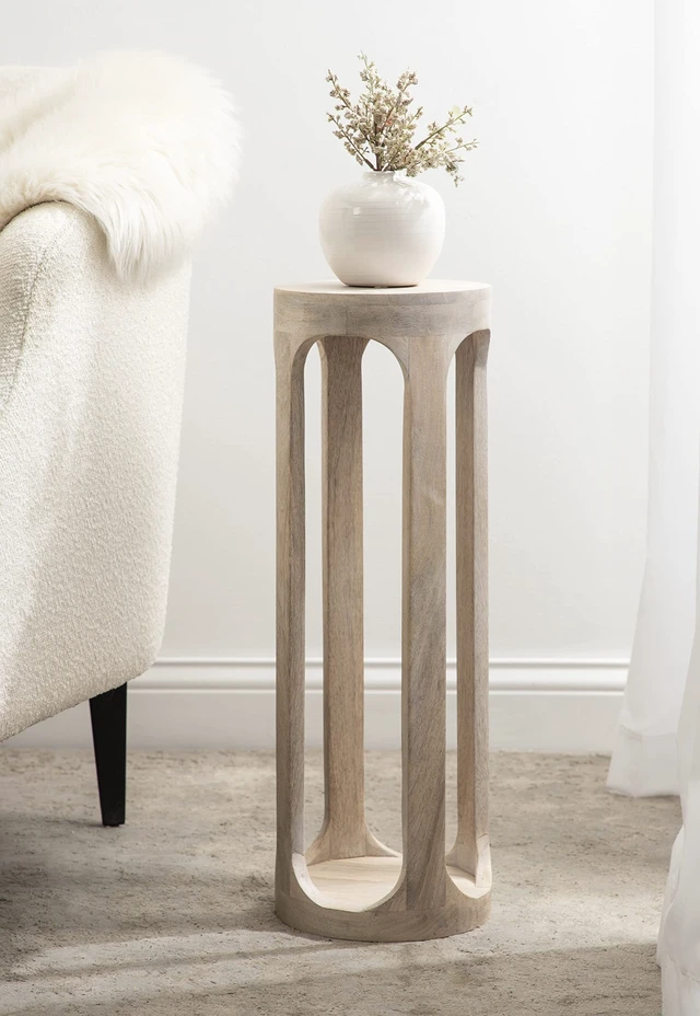 Alt view image 4 of 7 - Dahl Coastal Wooden Round Drink Table; 8 x 23; Whitewash; Boho Circle Wood Accent Pedestal Table for Living Room Plant Stand or Small Bedroom Nightstand