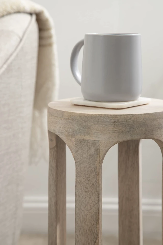 Alt view image 6 of 7 - Dahl Coastal Wooden Round Drink Table; 8 x 23; Whitewash; Boho Circle Wood Accent Pedestal Table for Living Room Plant Stand or Small Bedroom Nightstand