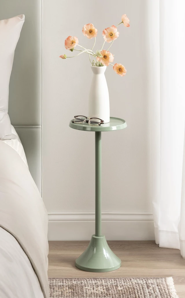 Alt view image 3 of 7 - Sanzo Modern Round Metal Pedestal Drink Table, 9 x 9 x 23, Soft Green, Decorative Martini Table with Trumpet Base for Use as Indoor Plant Stand or Living Room Mini Table