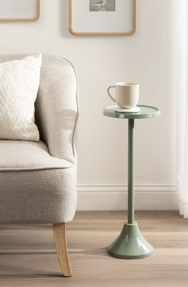 Alt view image 4 of 7 - Sanzo Modern Round Metal Pedestal Drink Table, 9 x 9 x 23, Soft Green, Decorative Martini Table with Trumpet Base for Use as Indoor Plant Stand or Living Room Mini Table
