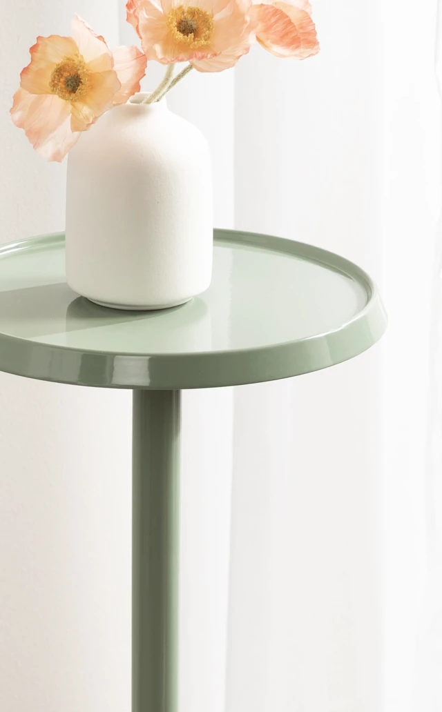 Alt view image 6 of 7 - Sanzo Modern Round Metal Pedestal Drink Table, 9 x 9 x 23, Soft Green, Decorative Martini Table with Trumpet Base for Use as Indoor Plant Stand or Living Room Mini Table