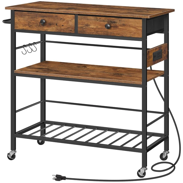 Main image of Kitchen Island with Storage, Rolling Island Cart for Kitchen with 2 Drawers & Outlet, 3 Tier Coffee Station and Microwave Stand, Kitchen Island Table for Home, Rustic Brown BF08UZD01