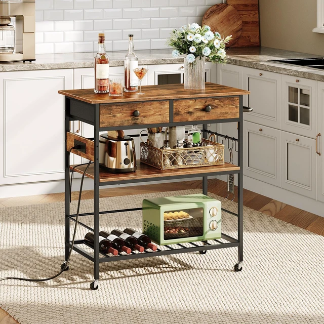Alt view image 2 of 7 - Kitchen Island with Storage, Rolling Island Cart for Kitchen with 2 Drawers & Outlet, 3 Tier Coffee Station and Microwave Stand, Kitchen Island Table for Home, Rustic Brown BF08UZD01