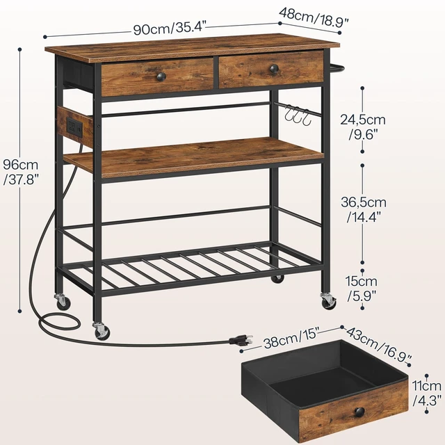 Alt view image 4 of 7 - Kitchen Island with Storage, Rolling Island Cart for Kitchen with 2 Drawers & Outlet, 3 Tier Coffee Station and Microwave Stand, Kitchen Island Table for Home, Rustic Brown BF08UZD01