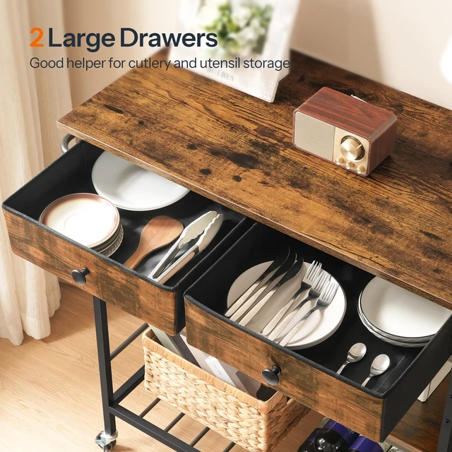 Alt view image 5 of 7 - Kitchen Island with Storage, Rolling Island Cart for Kitchen with 2 Drawers & Outlet, 3 Tier Coffee Station and Microwave Stand, Kitchen Island Table for Home, Rustic Brown BF08UZD01