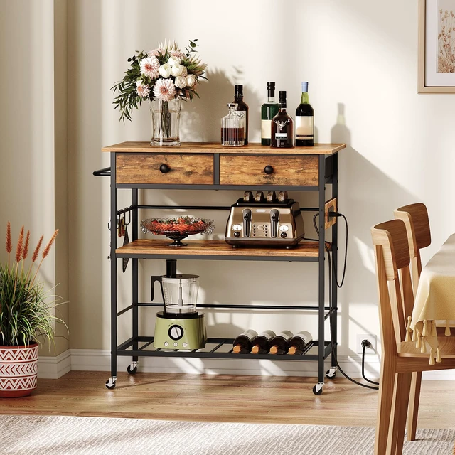 Alt view image 7 of 7 - Kitchen Island with Storage, Rolling Island Cart for Kitchen with 2 Drawers & Outlet, 3 Tier Coffee Station and Microwave Stand, Kitchen Island Table for Home, Rustic Brown BF08UZD01