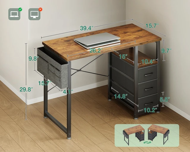 Alt view image 3 of 7 - 40 Inch Small Computer Desk with Fabric Drawers, Vintage | Mini Desk with Storage Shelf & Bag, Kids Study Desk for Bedroom, Home Office Desk for Small Space
