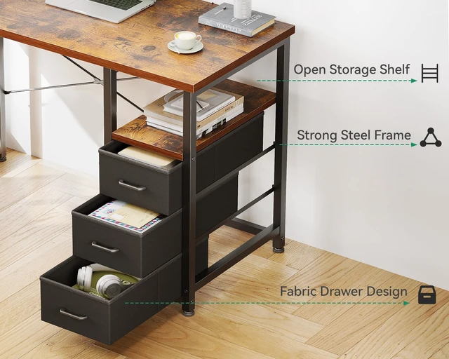 Alt view image 4 of 7 - 40 Inch Small Computer Desk with Fabric Drawers, Vintage | Mini Desk with Storage Shelf & Bag, Kids Study Desk for Bedroom, Home Office Desk for Small Space