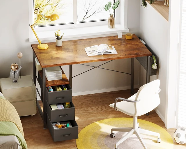Alt view image 2 of 7 - 40 Inch Small Computer Desk with Fabric Drawers, Vintage | Mini Desk with Storage Shelf & Bag, Kids Study Desk for Bedroom, Home Office Desk for Small Space
