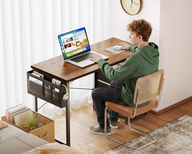 Alt view image 5 of 7 - 40 Inch Small Computer Desk with Fabric Drawers, Vintage | Mini Desk with Storage Shelf & Bag, Kids Study Desk for Bedroom, Home Office Desk for Small Space