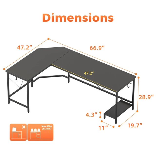 Alt view image 2 of 7 - 67 inch L Shaped Desk with CPU Stand, Large Corner Gaming Desk | Simple Computer Desk with 2 Hooks, Office Table for Home Bedroom Study Work Writing, Black